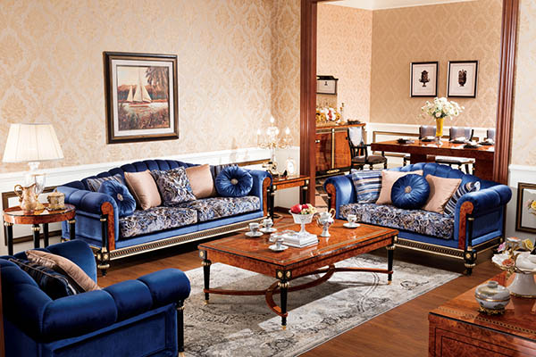 Luxury Royal Classic Living Room Furniture With Royal Blue Color Fabric Sofa For Hotel & Home 0069-1