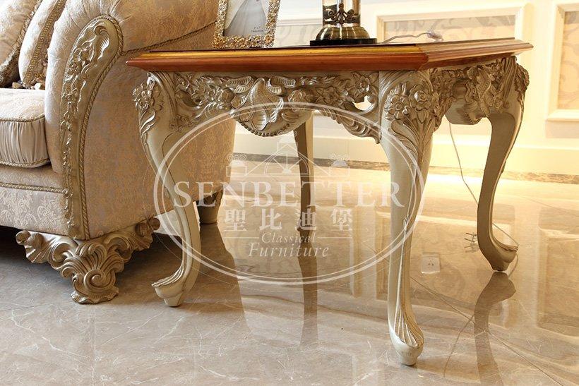 Senbetter european white living room furniture with flower carving for living room