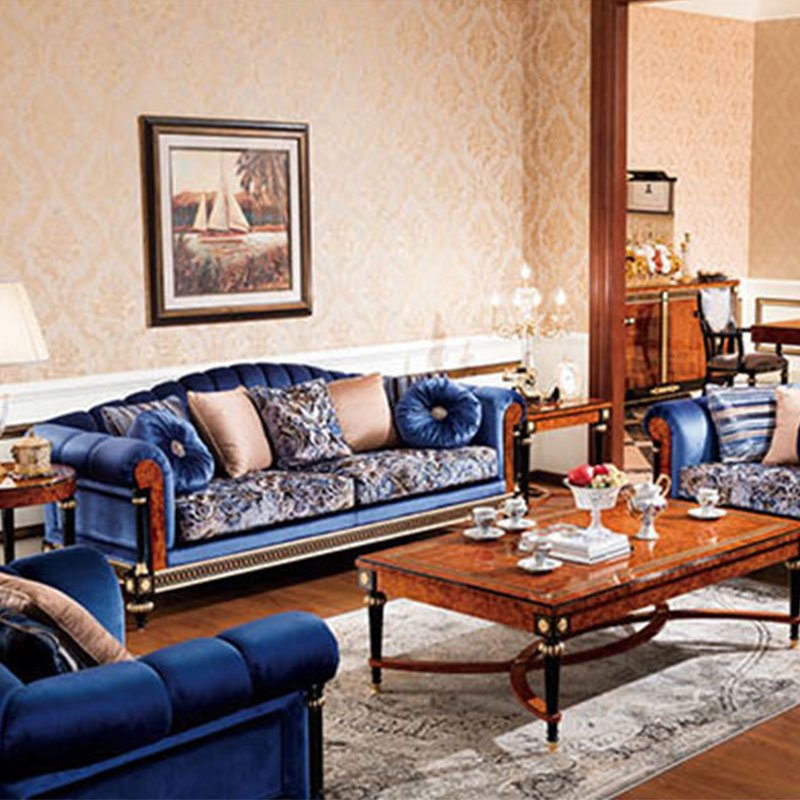 Luxury Royal Classic Living Room Furniture With Royal Blue Color Fabric Sofa For Hotel & Home 0069