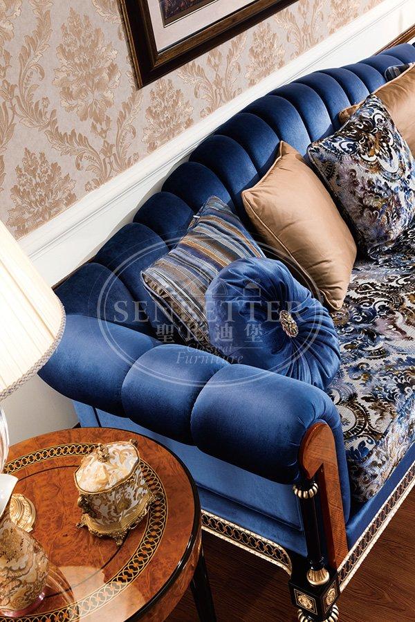 Luxury Royal Classic Living Room Furniture With Royal Blue Color Fabric Sofa For Hotel & Home 0069-3